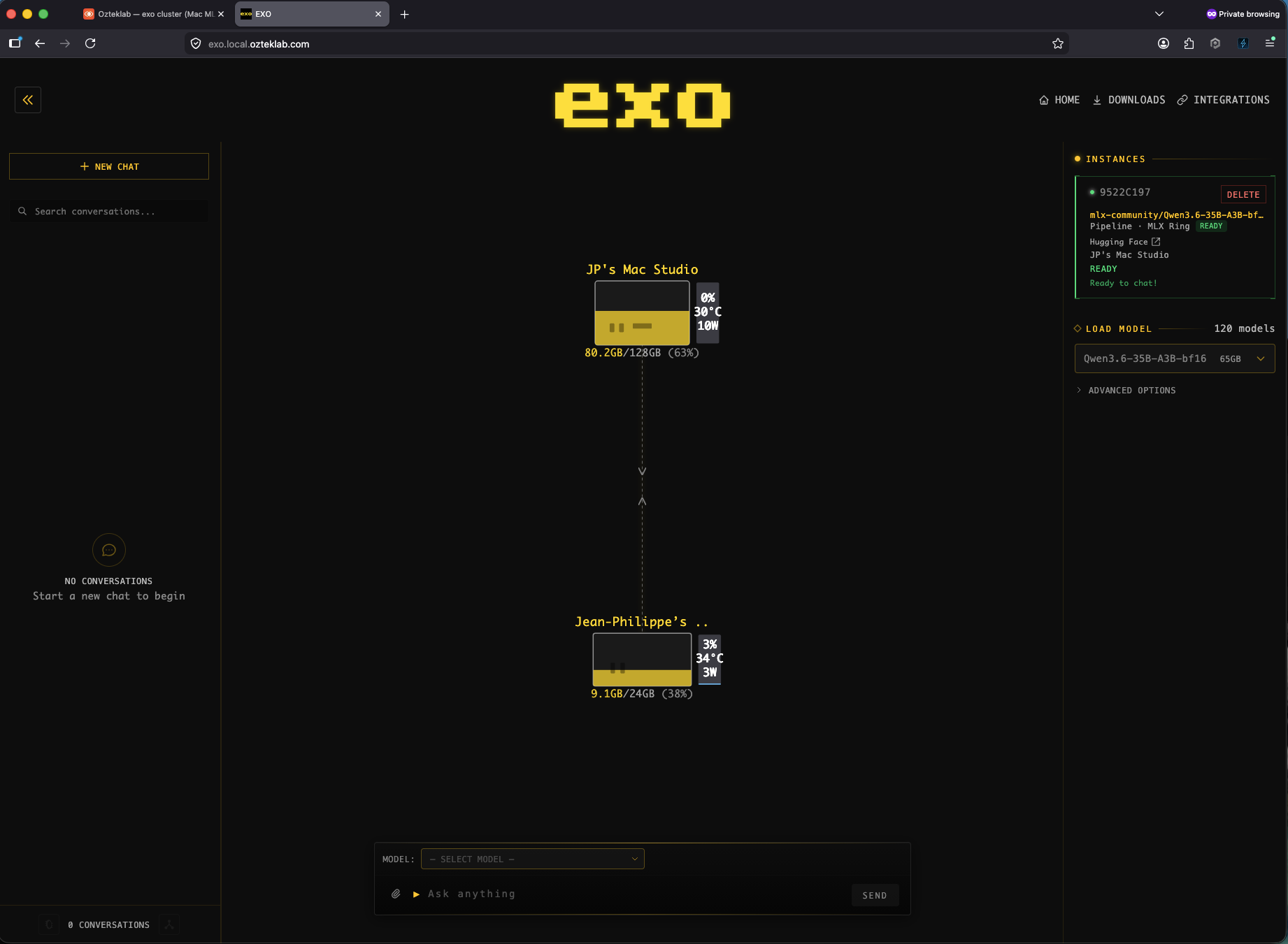 EXO.app on Mac Studio, model loaded into MLX, libp2p peer to Mac Mini visible, ring inference idle