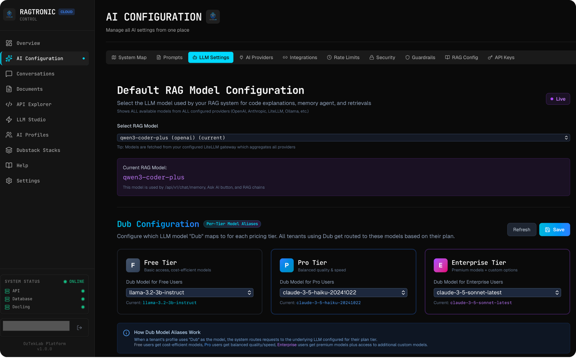 AI Config — LLM Settings: RAG model configuration and per-tier Dub model aliases