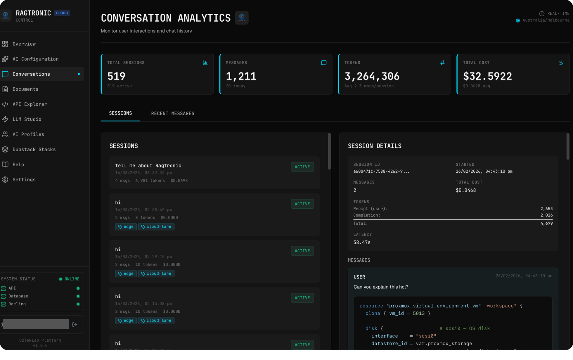 Conversation Analytics — Session metrics, token usage, cost tracking, and trace details