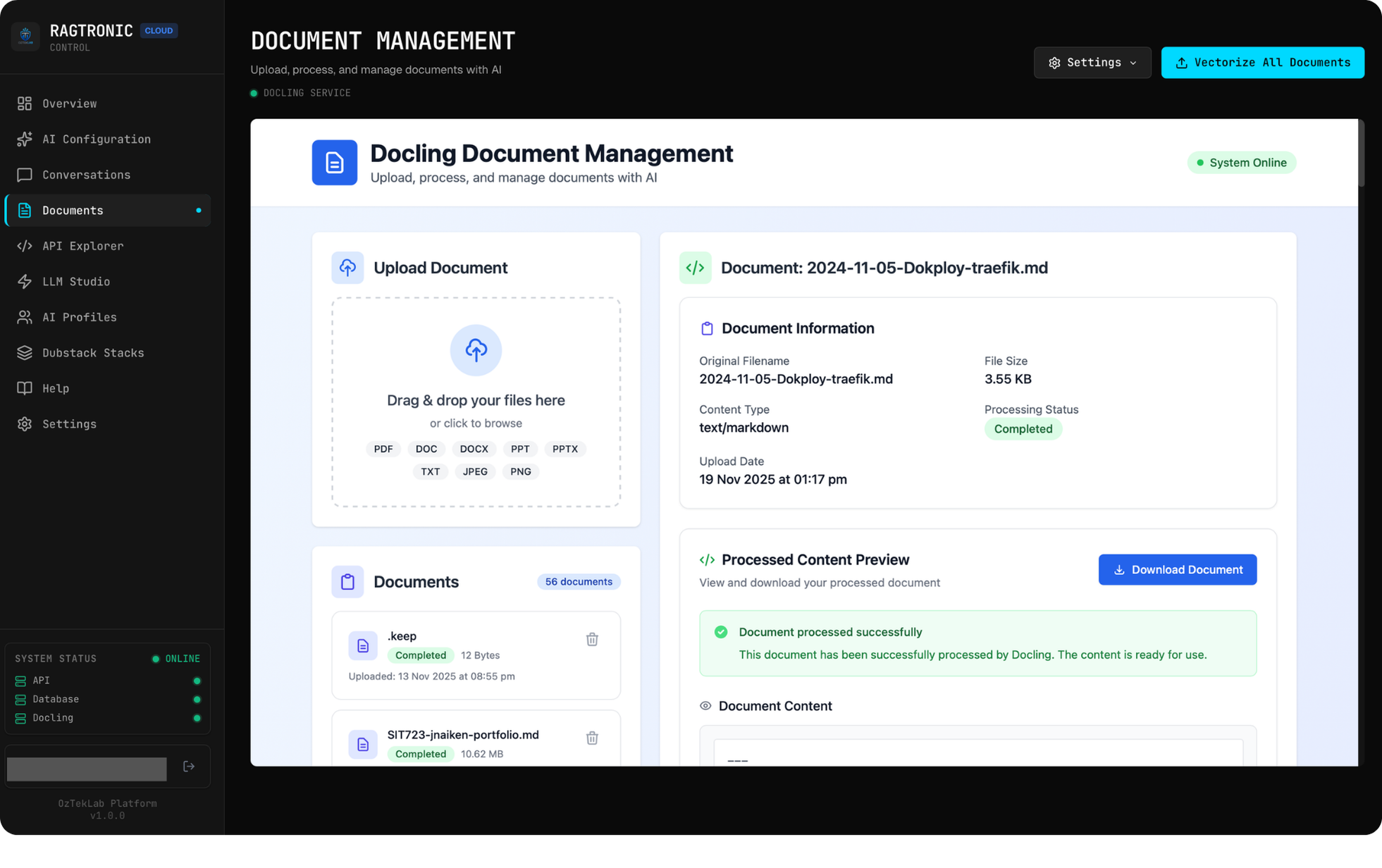 Document Management — Upload, process, and manage documents with Docling