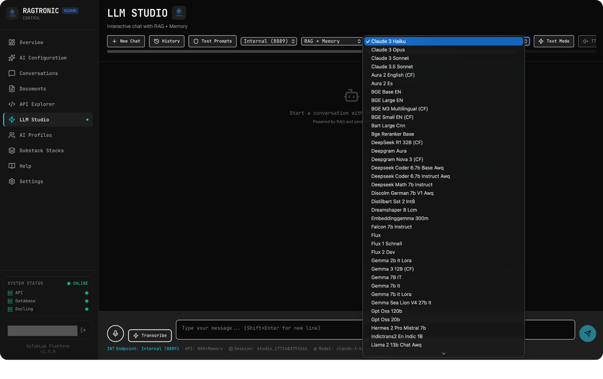 LLM Studio — Interactive chat interface with 93+ model selection and streaming