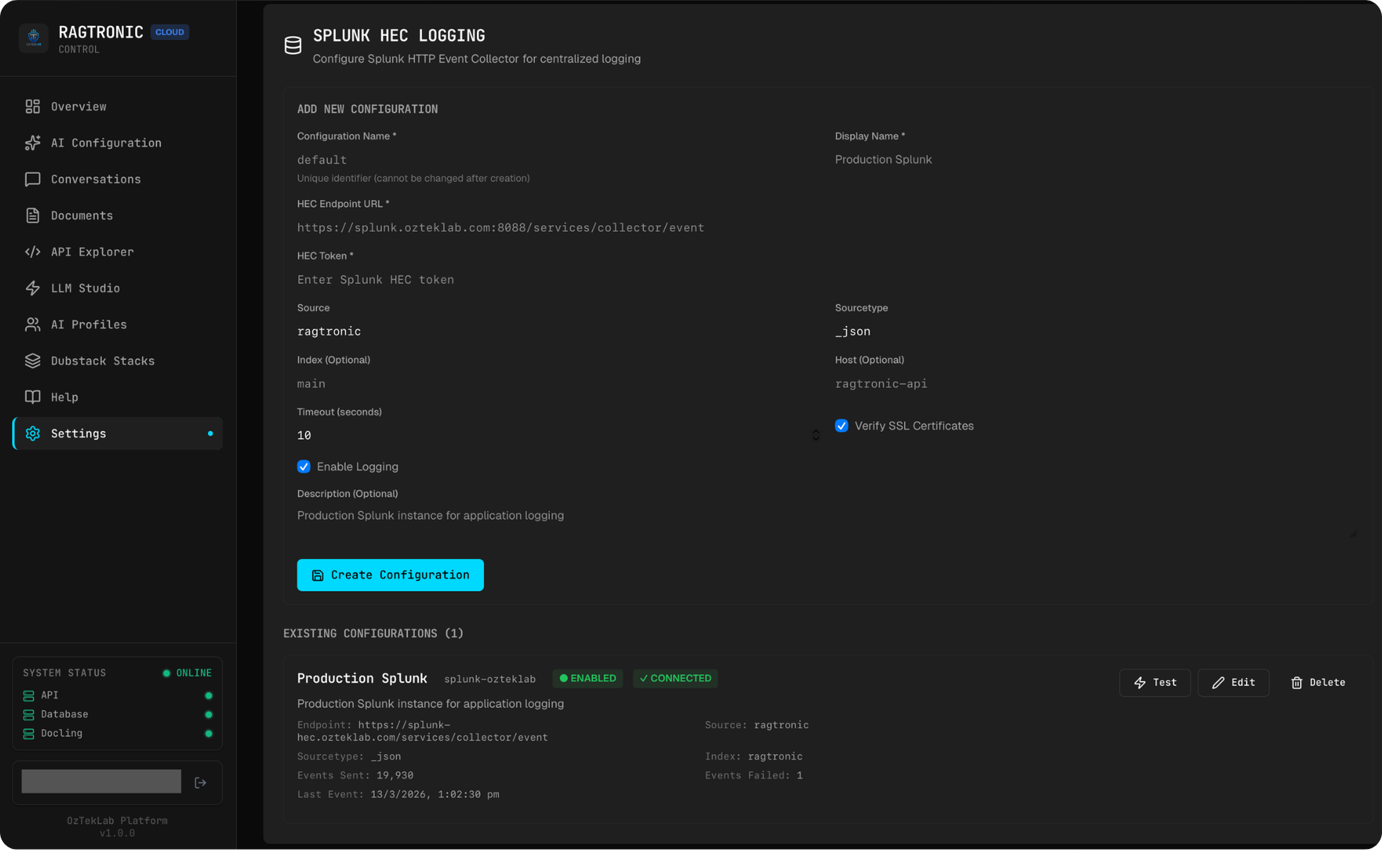 Splunk HEC Configuration — Endpoint setup, connection testing, and event tracking