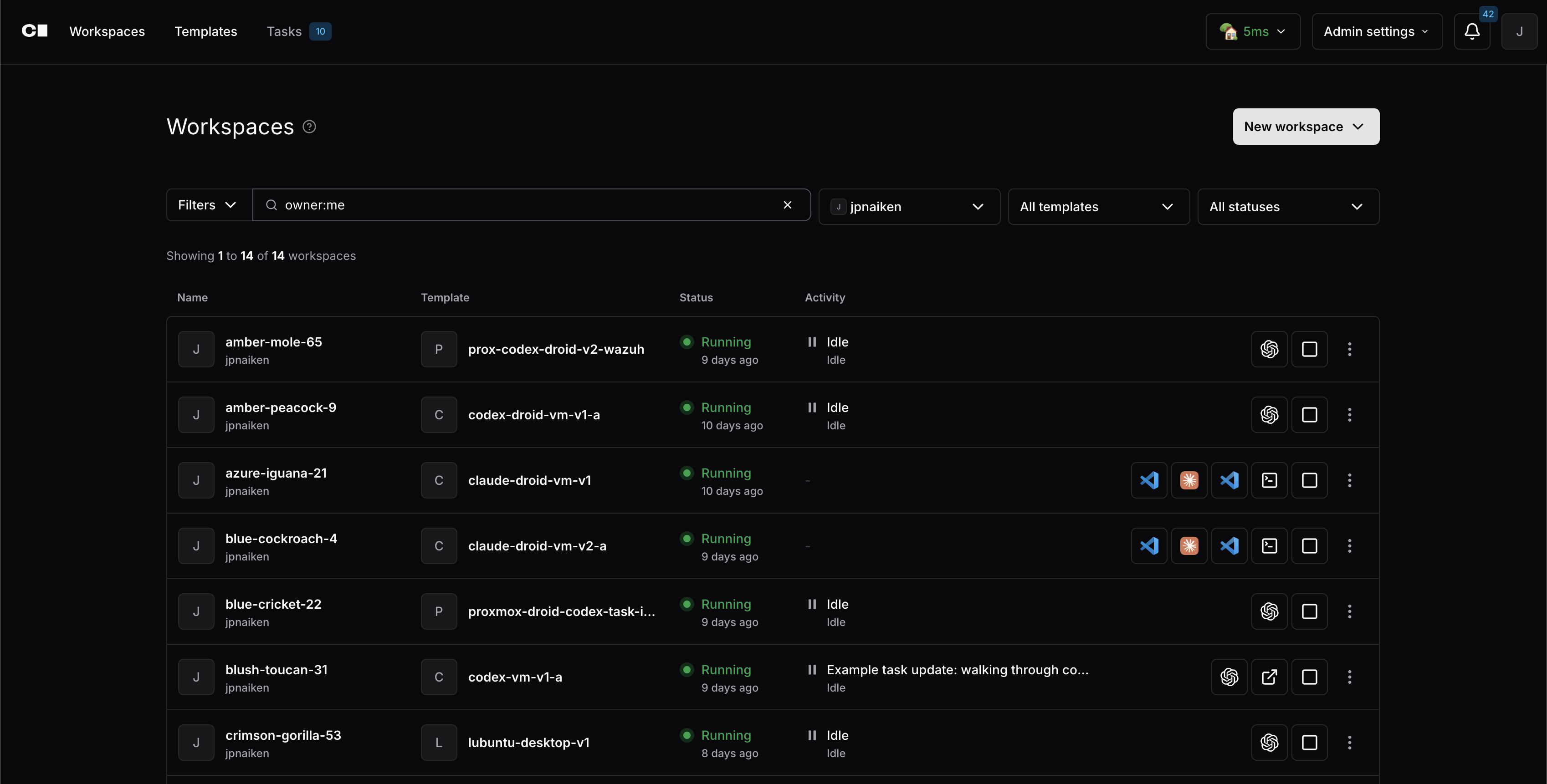 Coder workspace dashboard